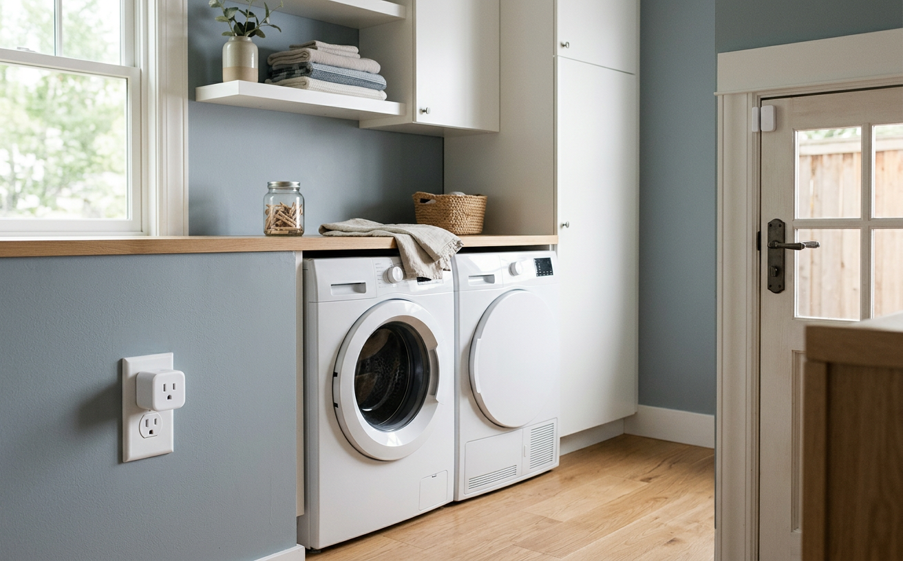 A laundry room with a washer and dryer, a smart plug in the wall outlet and a contact sensor on the back door